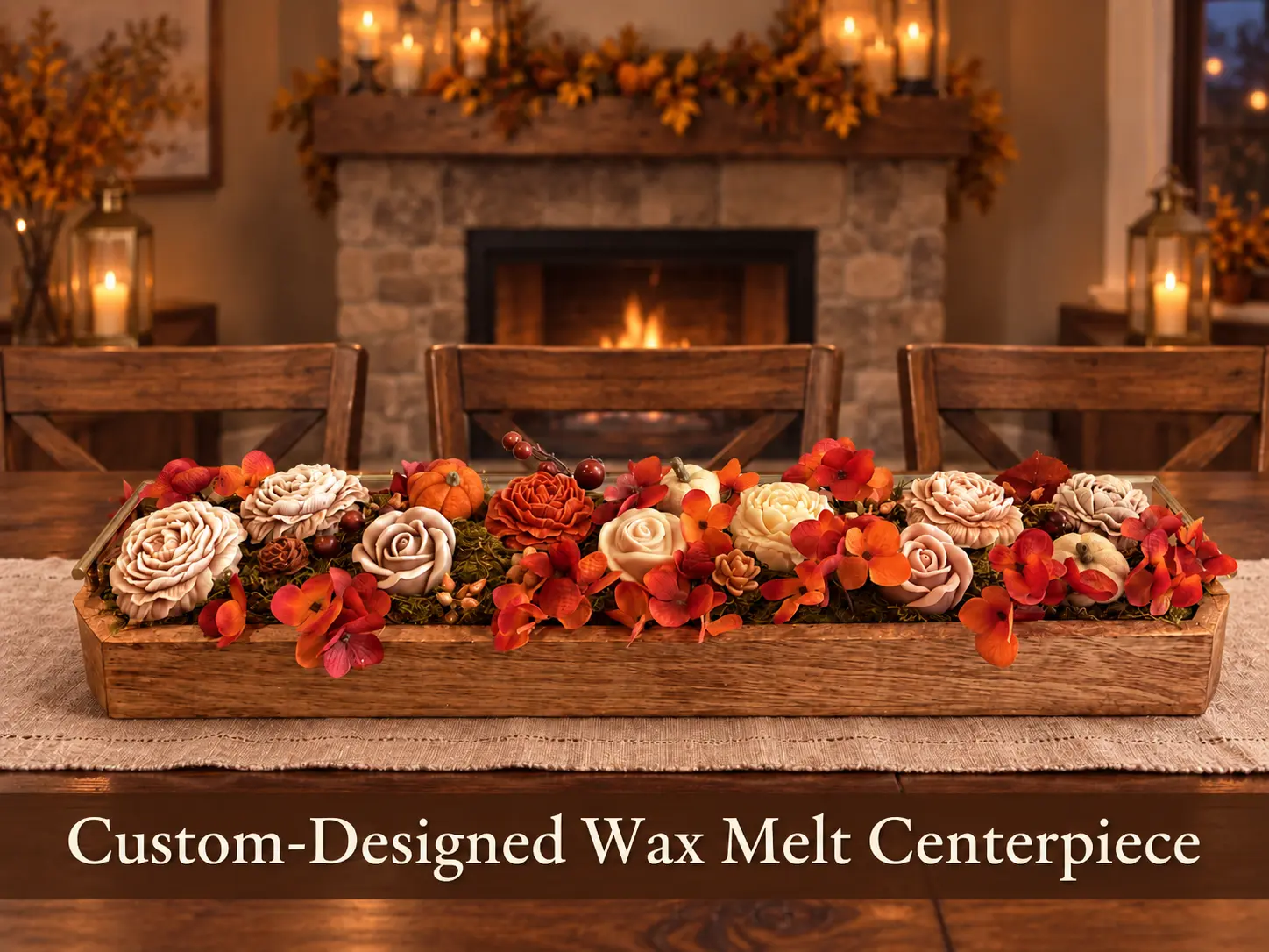 Wax melt roses arranged in a long wooden tray in front of a lit fireplace