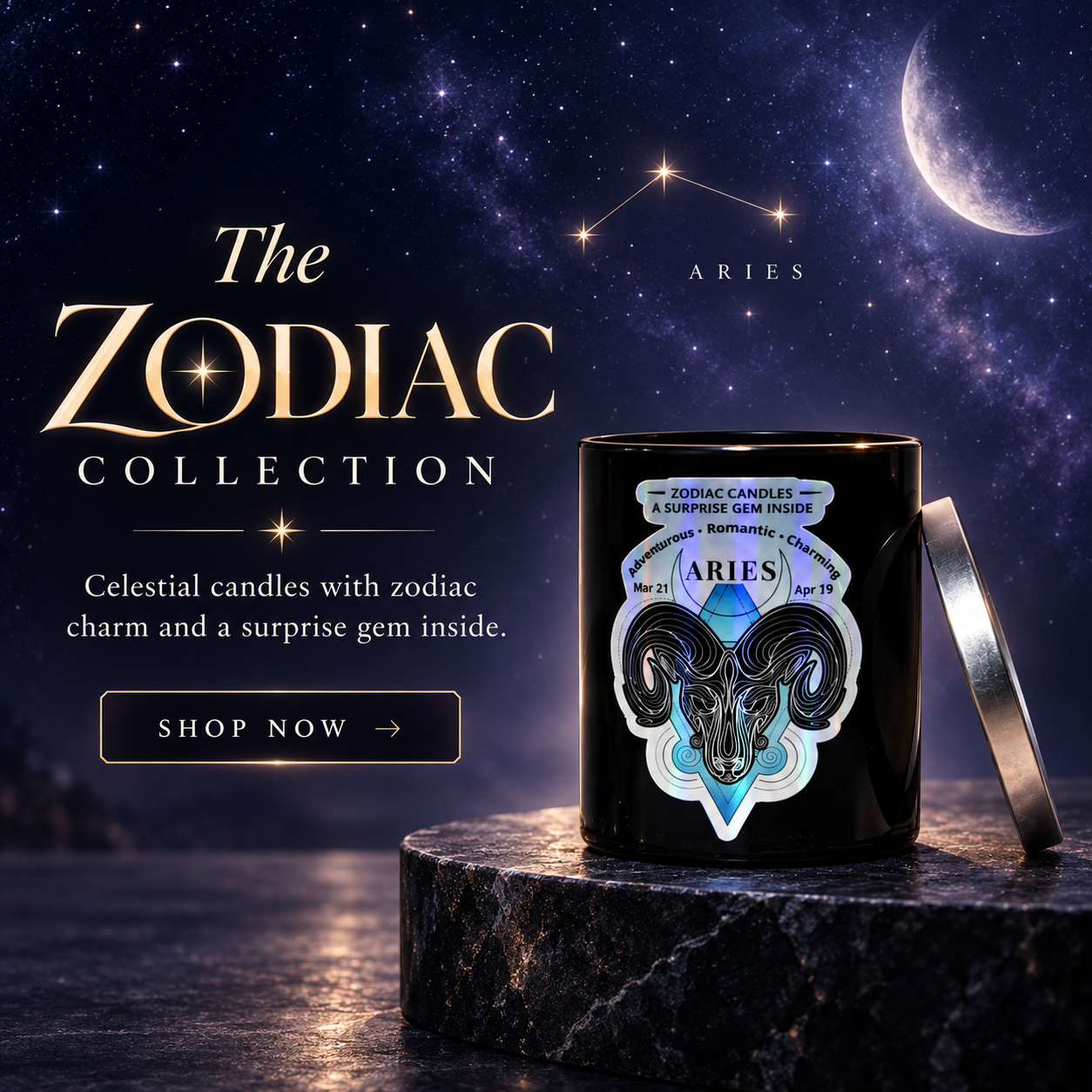 Custom Candle Co Zodiac Collection — celestial candles with zodiac charm and a surprise gem inside