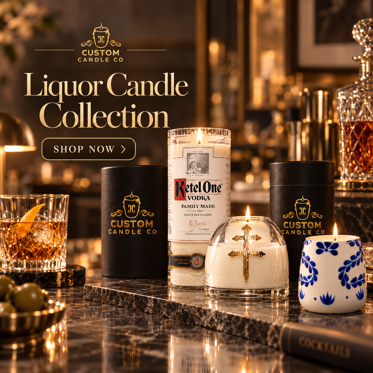 Custom Candle Co Liquor Candle Collection — candles hand-poured into real liquor bottles