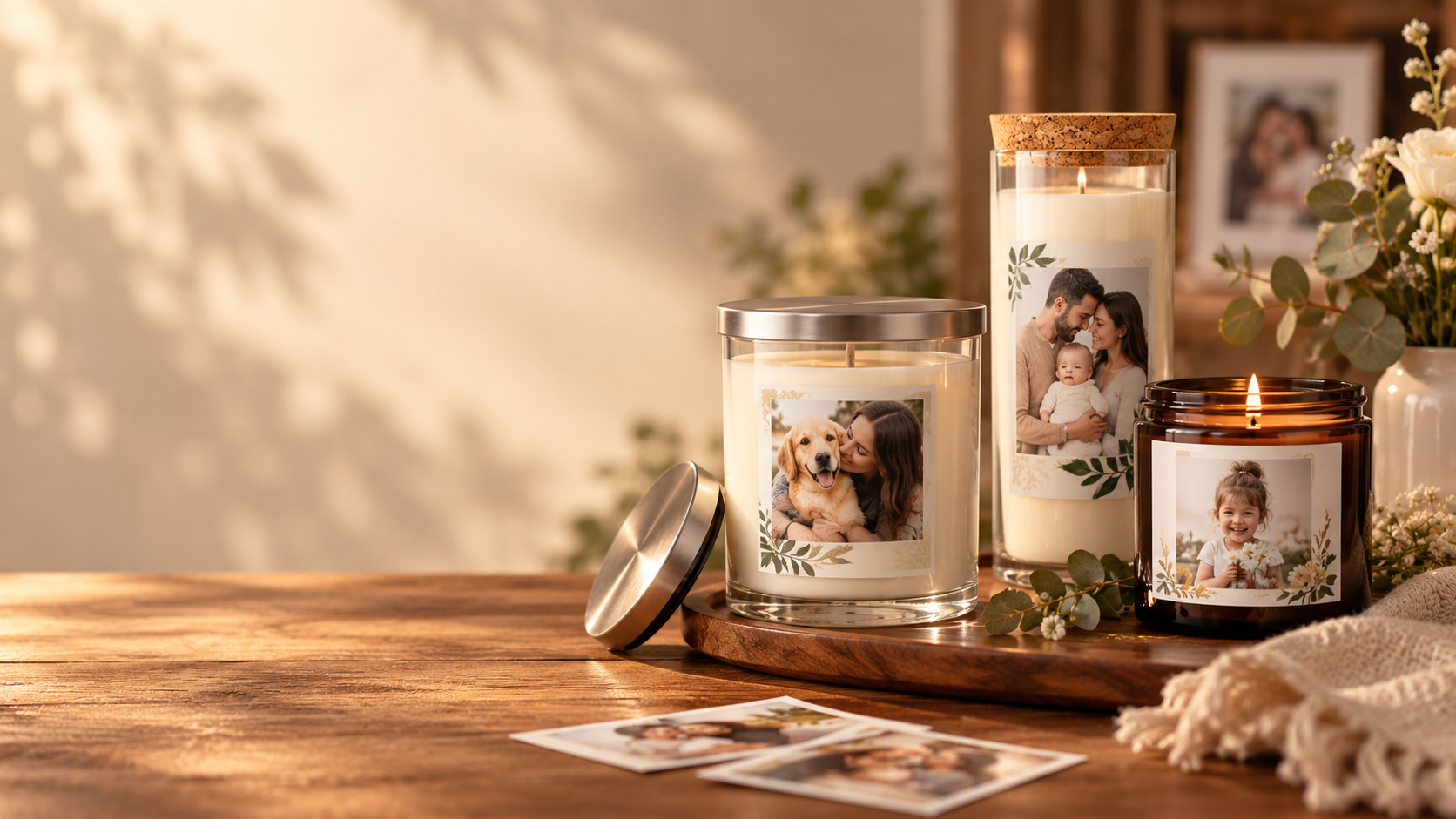 Three lit custom candles personalized with family and pet photos